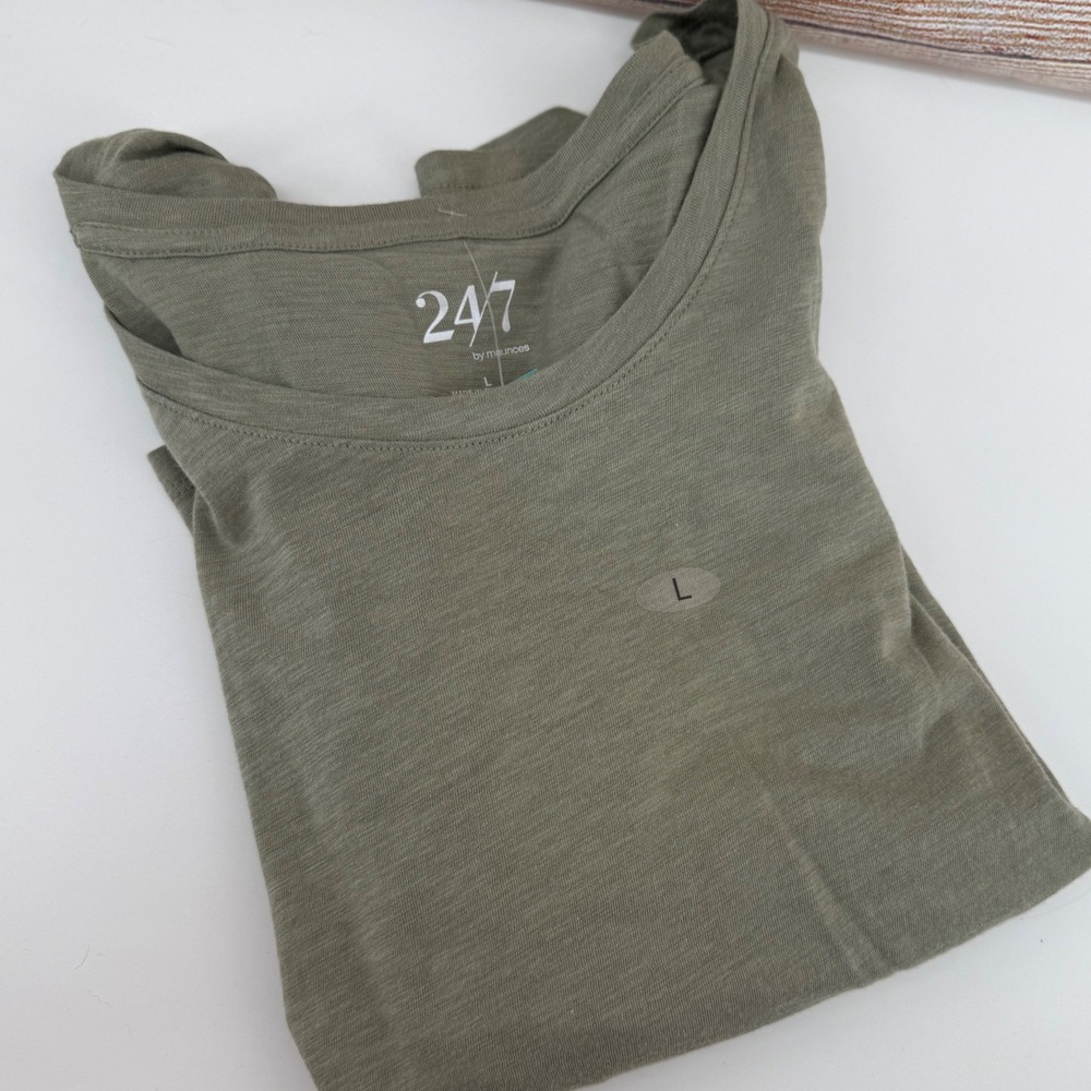 Maurices 24/7 Olive Green Scoop Neck 3/4 Puff Sleeve Cotton Slub Top Large NEW